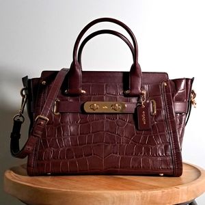 Coach Swagger 33 Croc Embossed 100% Leather Satchel Bag Burgundy